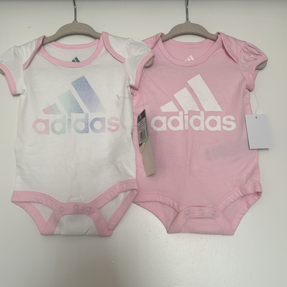 2 PIECE ADIDAS BABY GIRL’S SHORT SLEEVE BODYSUITS SET, SZ 3M